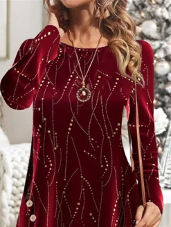 Women's Casual Dress Christmas Dress Velvet Dress Print Sequins Button Crew Neck Mini Dress Fashion Streetwear Christmas Date Long Sleeve Regular Fit Wine Green Fall Winter S M L XL XXL -Fashion Life Shop zjtjha1695212007791