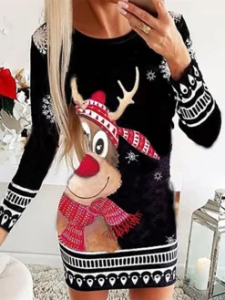 Women's Casual Dress Christmas Dress Winter Dress Santa Claus Snowflake Print Crew Neck Mini Dress Fashion Classic Outdoor Christmas Long Sleeve Loose Fit Black White Red Fall Winter S M L XL XXL -Fashion Life Shop zjtrjl1695282013946