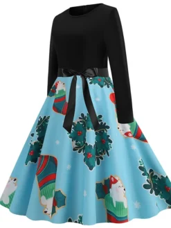 Women's Christmas Casual Dress Swing Dress Vintage Dress Midi Dress Green Blue Light Red Long Sleeve Santa Claus Bow Winter Fall Autumn V Neck Slim 2022 S M L XL XXL 3XL -Fashion Life Shop zlcjlq1666776948166