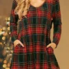 Women's Christmas Tartan Dress Casual Dress T Shirt Dress Tee DressShort Mini Dress Red Long Sleeve Plaid Snowflake Candy Ruched Print Fall Winter V Neck Casual Modern 2022 S M L XL XXL 3XL