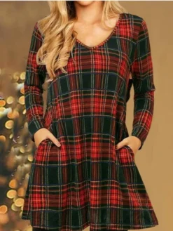 Women's Christmas Tartan Dress Casual Dress T Shirt Dress Tee DressShort Mini Dress Red Long Sleeve Plaid Snowflake Candy Ruched Print Fall Winter V Neck Casual Modern 2022 S M L XL XXL 3XL