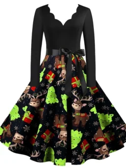 Women's Christmas Retro 1950s Vintage Dress Midi Dress Party Ruched Bow Fruit V Neck Long Sleeve Regular Fit Fall Winter 2023 Deep Green Black S M L XL -Fashion Life Shop zlnjkc1695363829665