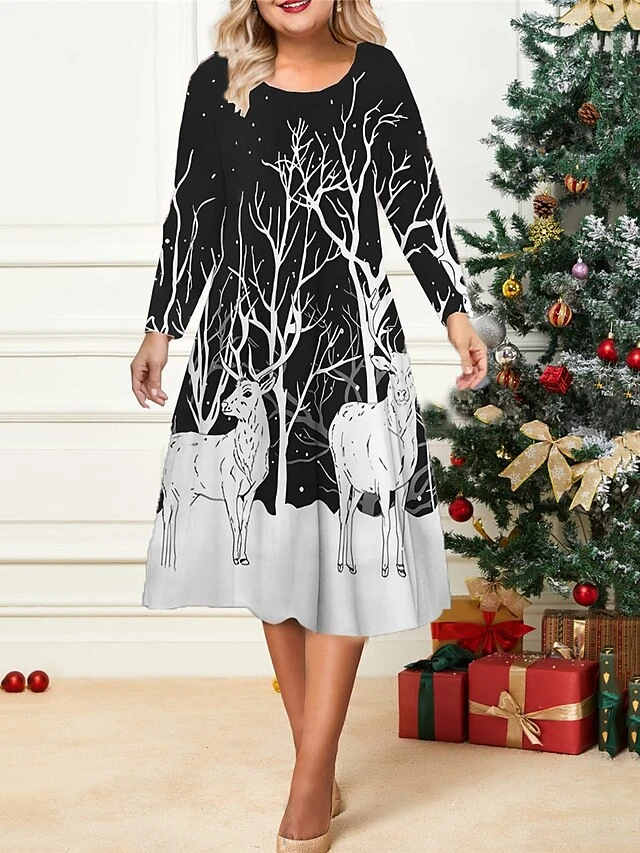 Women's Christmas Plus Size Curve Casual Dress Skater Dress A Line Dress Elk Midi Dress Long Sleeve Print Crew Neck Fashion Outdoor Black Wine Fall Winter L XL XXL 3XL 4XL 3 Women's Christmas Plus Size Curve Casual Dress Skater Dress A Line Dress Elk Midi Dress Long Sleeve Print Crew Neck Fashion Outdoor Black Wine Fall Winter L XL XXL 3XL 4XL - Image 3