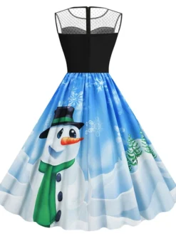 Women's Christmas Casual Dress Swing Dress Midi Dress Blue Royal Blue Dark Blue Light Blue Sleeveless Santa Claus Snowman Mesh Print Winter Fall Crew Neck Vacation Vintage 2022 S M L XL XXL -Fashion Life Shop zmuidq1666597371971