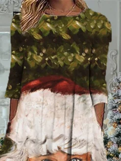 Women's Christmas Casual Dress Shift Dress Midi Dress Green 3/4 Length Sleeve Santa Claus Ruched Winter Fall Autumn Fashion Daily 2022 S M L XL XXL 3XL -Fashion Life Shop zmuvba1667985251414