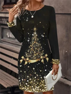Women's Casual Dress Christmas Dress Winter Dress Christmas Tree Print Crew Neck Mini Dress Fashion Streetwear Outdoor Christmas Long Sleeve Loose Fit Silver Yellow Gold Fall Winter S M L XL XXL