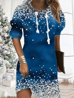 Women‘s Christmas Hoodie Dress Winter Dress Blue Long Sleeve Color Gradient Print Winter Fall Hooded Vacation Casual Fall Dress 2022 S M L XL XXL 3XL