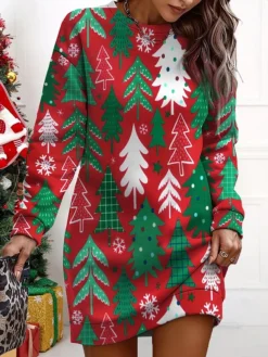 Women's Christmas Casual Dress Sweatshirt Dress Mini Dress Warm Fashion OutdoorVacation Crew Neck Print SnowmanTree Loose Fit Red Royal Blue Blue S M L XL XXL -Fashion Life Shop znmnhg1695365422589