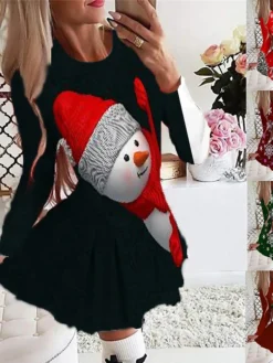 Women's Christmas Swing DressShort Mini Dress Green Wine Fuchsia Red Black Long Sleeve Elk Snowman Snowflake Pleated Print Fall Winter Crew Neck Stylish Romantic 2022 S M L XL 2XL