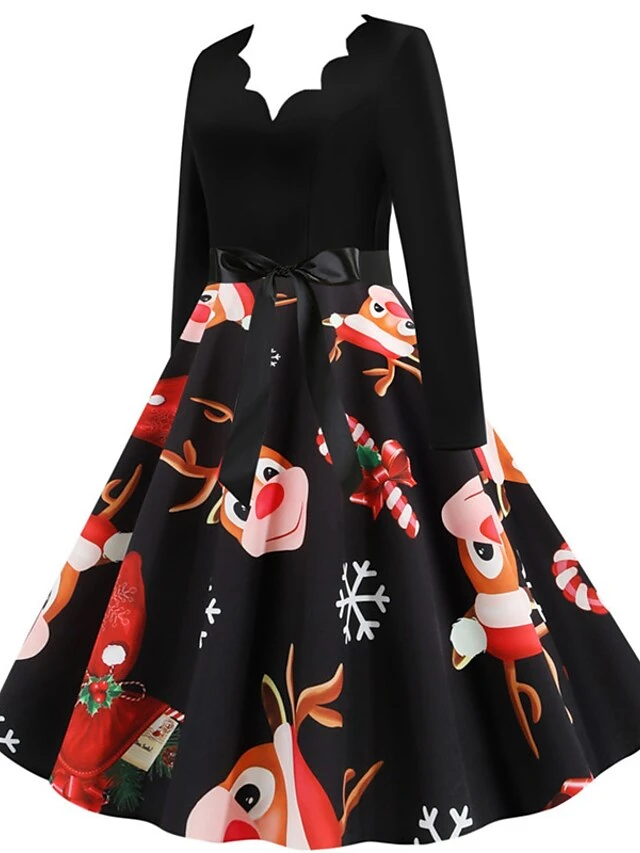 Women's Christmas Knee Length Dress Wine Green Orange Black Red Brown Navy Blue Long Sleeve Print Bow Print Fall Winter V Neck Casual Vintage2021 S M L XL XXL 3XL 2 Women's Christmas Knee Length Dress Wine Green Orange Black Red Brown Navy Blue Long Sleeve Print Bow Print Fall Winter V Neck Casual Vintage2021 S M L XL XXL 3XL - Image 2