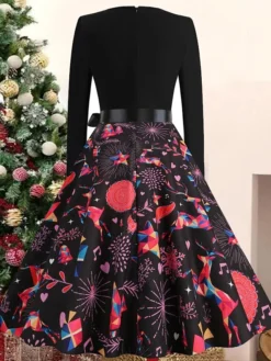 Women's Christmas Casual Dress Swing Dress Vintage Dress Midi Dress Black Wine Orange Long Sleeve Animal Bow Winter Fall Autumn V Neck 2022 S M L XL XXL 3XL -Fashion Life Shop zofipo1668072732960