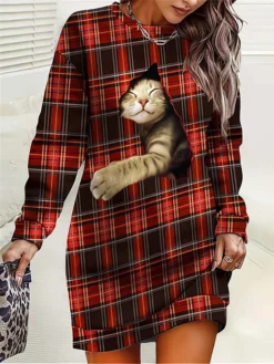 Women‘s Christmas Casual Dress Sweatshirt Dress Mini Dress Warm Fashion Outdoor Vacation Crew Neck Print Animal Geometric Loose Fit Burgundy S M L XL XXL