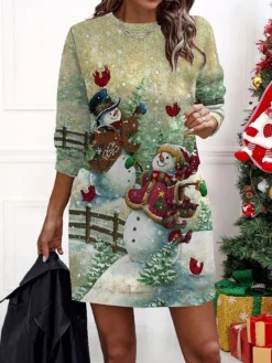 Women‘s Christmas Casual Dress Sweatshirt Dress Mini Dress Warm Fashion Outdoor Holiday Crew Neck Print Geometric Snowman Loose Fit Black Yellow Wine S M L XL XXL -Fashion Life Shop zoiumu1695636472527