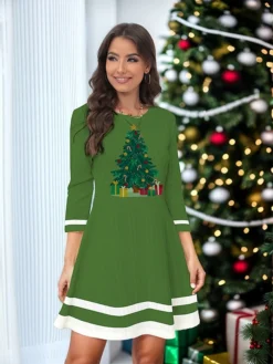 Women's Christmas Dress Sweater Dress Jumper Dress Mini Dress Ugly Santa Claus Christmas Tree Outdoor Christmas Daily Holiday Crew Neck Long Sleeve 2023 Regular Fit White Light Green Wine S M L XL