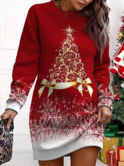 Women's Christmas Casual Dress Sweatshirt Dress Mini Dress Warm Fashion OutdoorVacation Crew Neck Print Snowman Loose Fit Yellow Wine Navy Blue S M L XL XXL