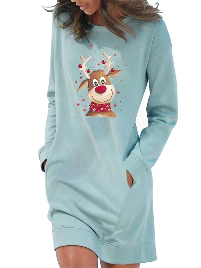 Women's Christmas Hoodie Dress Winter Dress Light Blue Grey White Long Sleeve Elk Pocket Print Winter Fall Crew Neck Stylish Casual Loose Fit 2022 S M L XL 2XL / Cotton 4 Women's Christmas Hoodie Dress Winter Dress Light Blue Grey White Long Sleeve Elk Pocket Print Winter Fall Crew Neck Stylish Casual Loose Fit 2022 S M L XL 2XL / Cotton - Image 4