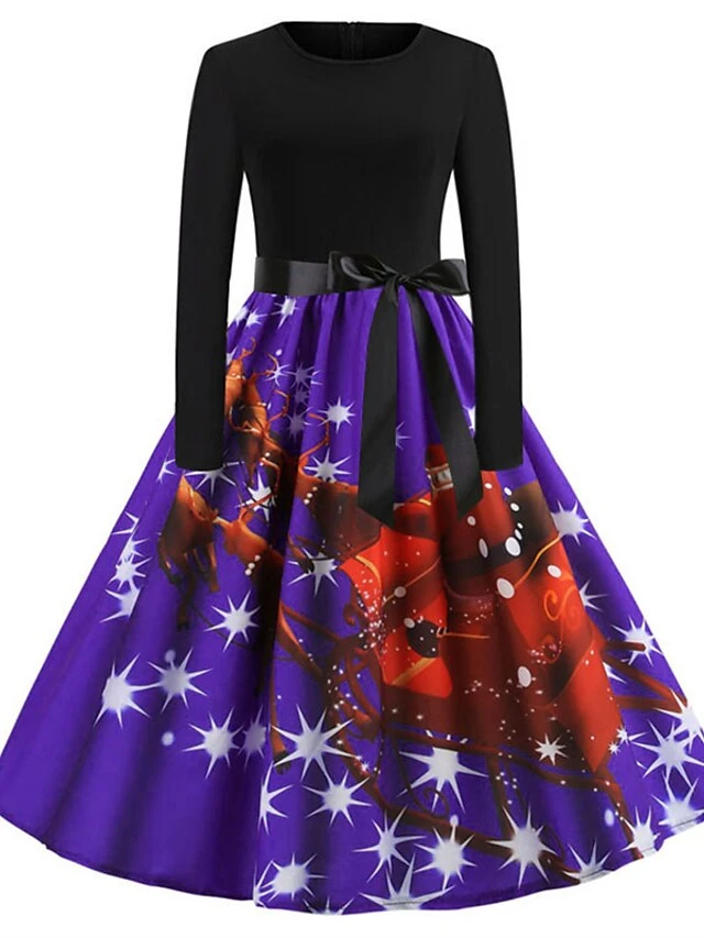 Women's Christmas Swing DressKnee Length Dress Green Blue Purple Red Long Sleeve Print Snowflake Bow Print Fall Winter Crew Neck Stylish 2022 S M L XL 2XL 3 Women's Christmas Swing DressKnee Length Dress Green Blue Purple Red Long Sleeve Print Snowflake Bow Print Fall Winter Crew Neck Stylish 2022 S M L XL 2XL - Image 3
