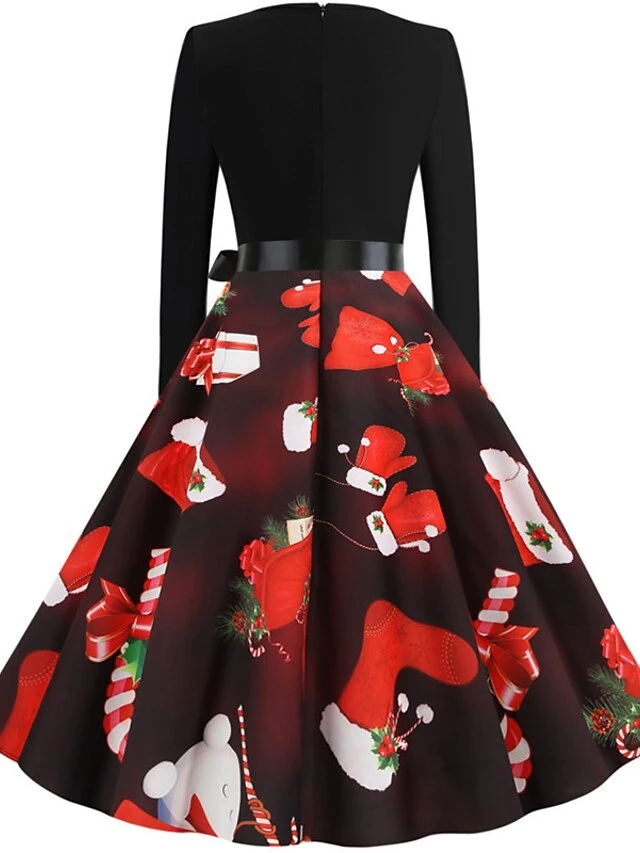 Women's Christmas Knee Length Dress Wine Green Orange Black Red Brown Navy Blue Long Sleeve Print Bow Print Fall Winter V Neck Casual Vintage2021 S M L XL XXL 3XL 15 Women's Christmas Knee Length Dress Wine Green Orange Black Red Brown Navy Blue Long Sleeve Print Bow Print Fall Winter V Neck Casual Vintage2021 S M L XL XXL 3XL - Image 15