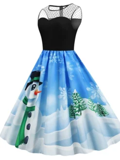 Women's Christmas Casual Dress Swing Dress Midi Dress Blue Royal Blue Dark Blue Light Blue Sleeveless Santa Claus Snowman Mesh Print Winter Fall Crew Neck Vacation Vintage 2022 S M L XL XXL -Fashion Life Shop zvgulj1666597371603