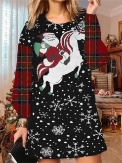 Women‘s Christmas Ugly Sweatshirt Dress Shift Dress Mini Dress Green Black Light Green Long Sleeve Santa Claus Print Winter Fall Autumn Fashion Daily 2022 S M L XL XXL 3XL -Fashion Life Shop zvimxo1667979719551