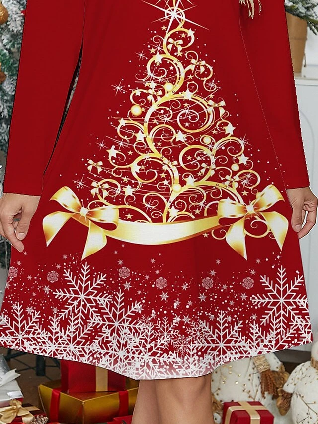 Women's Casual Dress Christmas Dress Winter Dress Christmas Tree Print Scalloped Neck Mini Dress Fashion Streetwear Outdoor Christmas Long Sleeve Regular Fit Wine Fall Winter S M L XL XXL 3 Women's Casual Dress Christmas Dress Winter Dress Christmas Tree Print Scalloped Neck Mini Dress Fashion Streetwear Outdoor Christmas Long Sleeve Regular Fit Wine Fall Winter S M L XL XXL - Image 3