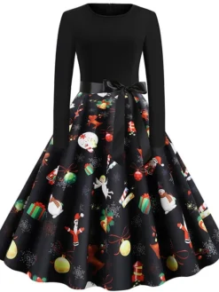 Women's Christmas Knee Length Dress Green White Black Rainbow Red Long Sleeve Print Snowflake Santa Claus Print Fall Winter Crew Neck Casual Vintage Party 2022 S M L XL XXL -Fashion Life Shop zvuxeu1565580510951