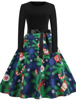 Women's Christmas Casual Dress Swing Dress Vintage Dress Midi Dress Green Blue Royal Blue Long Sleeve Color Block Bow Winter Fall Autumn V Neck Slim 2022 S M L XL XXL 3XL -Fashion Life Shop zwfbui1666761744674
