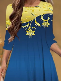 Women's Christmas Casual Dress Shift Dress Midi Dress Blue 3/4 Length Sleeve Floral Ruched Winter Fall Autumn Fashion Christmas Daily 2022 S M L XL XXL 3XL -Fashion Life Shop zwpdhq1667815004604