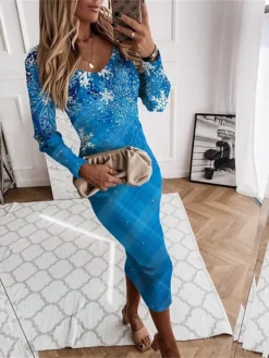 Women's Christmas Dress Sweater Dress Jumper Dress Midi Dress Warm Plaid Snowman Snowflake Outdoor Christmas Daily Holiday V Neck Long Sleeve 2023 Regular Fit Wine Blue S M L XL XXL 3XL -Fashion Life Shop zwvorn1697450845712