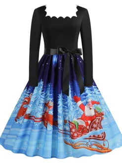 Women's Christmas Casual Dress Vintage Dress Midi Dress Black Blue Wine Long Sleeve Santa Claus Bow Winter Fall Spring Square Neck Vacation Christmas Daily Vacation 2022 S M L XL XXL 3XL -Fashion Life Shop zwwnvj1667637126959