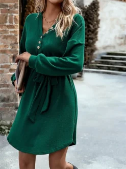 Women‘s Christmas Sweater Dress Jumper Dress Winter Dress Basic Christmas Street Daily Weekend V Neck Long Sleeve Lace Up Button 2023 Regular Fit Black Red Blue S M L XL -Fashion Life Shop zxbanf1692340852255