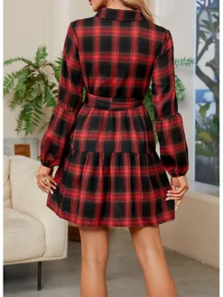Women's Casual Dress Christmas Dress Shirt Dress Plaid Belted V Neck Mini Dress Fashion Elegant Christmas Daily Long Sleeve Red Summer Spring S M L XL 2XL -Fashion Life Shop zxtwpj1691062983508