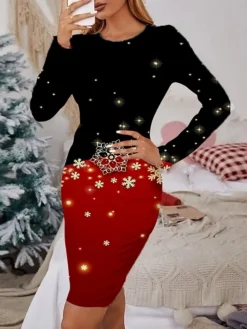 Women's Christmas Casual Dress Print Dress Green Wine Light Red Red Black Long Sleeve ElkTree Snowflake Print Winter Autumn Crew Neck Fashion Casual Fall Dress 2022 S M L XL 2XL 3XL 4XL 5XL 6XL