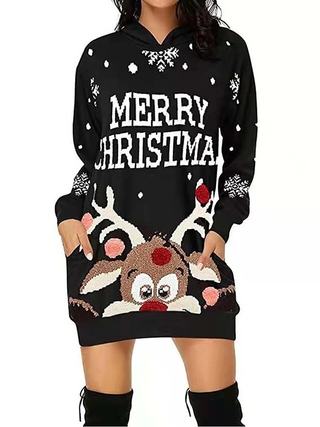 Women‘s Christmas Casual Dress Hoodie Dress Mini Dress Fashion Daily Outdoor Vacation V Neck Pocket Bell Regular Fit Black White Red S M L XL XXL 5 Women‘s Christmas Casual Dress Hoodie Dress Mini Dress Fashion Daily Outdoor Vacation V Neck Pocket Bell Regular Fit Black White Red S M L XL XXL - Image 5