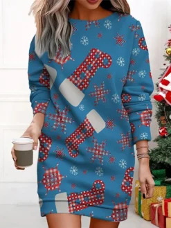 Women's Christmas Casual Dress Sweatshirt Dress Mini Dress Warm Fashion Outdoor Vacation Crew Neck Print Santa Claus Snowman Christmas Tree Loose Fit ArmyGreen Black Red S M L XL XXL -Fashion Life Shop zyqogh1695365367776