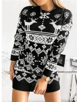 Women‘s Christmas Sweater Dress Jumper Dress Winter Dress Warm Geometric Plaid Print Outdoor Christmas Casual Daily Crew Neck Long Sleeve 2023 Loose Fit Black Red Gray S M L XL XXL