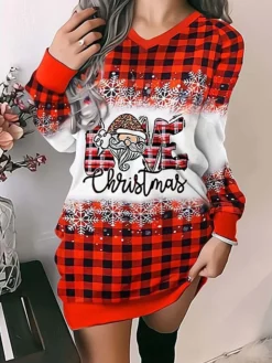 Women‘s Christmas Casual Dress Hoodie Dress Mini Dress Fashion Daily Outdoor Vacation Going Out V Neck Print Bell Regular Fit Red S M L XL XXL