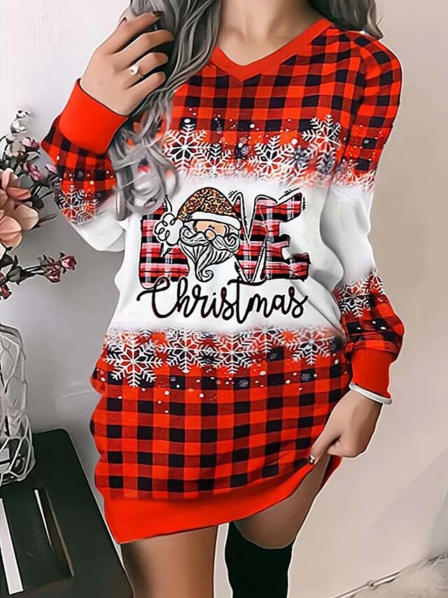 Women‘s Christmas Casual Dress Hoodie Dress Mini Dress Fashion Daily Outdoor Vacation Going Out V Neck Print Bell Regular Fit Red S M L XL XXL 1 Women‘s Christmas Casual Dress Hoodie Dress Mini Dress Fashion Daily Outdoor Vacation Going Out V Neck Print Bell Regular Fit Red S M L XL XXL