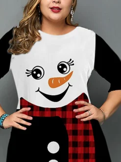 Women‘s Christmas Plus Size Work Dress Snowman Crew Neck 3/4 Length Sleeve Fall Winter Work Elegant Knee Length Dress Going Out Dress -Fashion Life Shop zzmign1664359489538