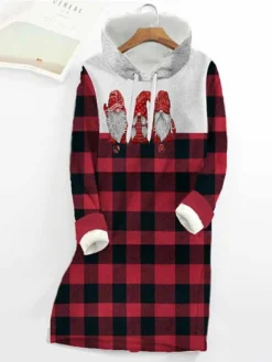 Women's Christmas Casual Dress Hoodie Dress Shift Dress Mini Dress Green Light Red Red Long Sleeve Plaid Print Fall Spring Autumn Hooded Fashion Christmas Daily Date Loose Fit 2022 S M L XL XXL 3XL -Fashion Life Shop zzqhxz1667639964667